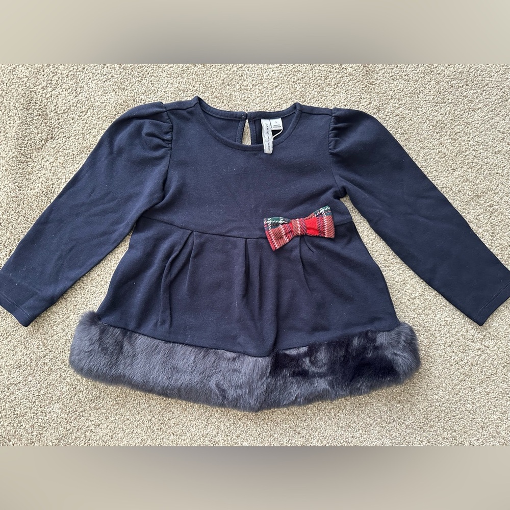 BNWT Janie and Jack Navy Long Sleeve Top with Plaid Bow and Fur Trim